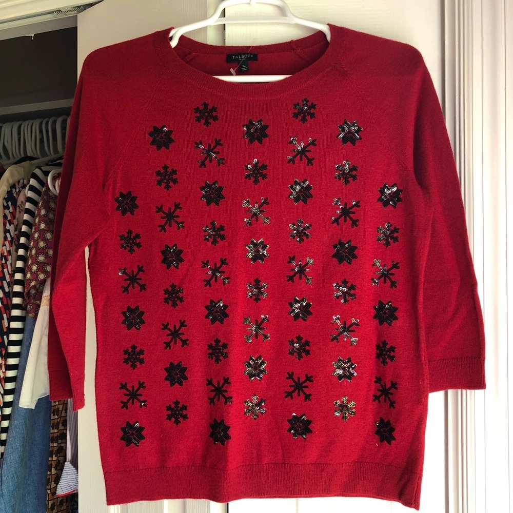 Talbots Red Sparkly Snowflake Sweater - image 3